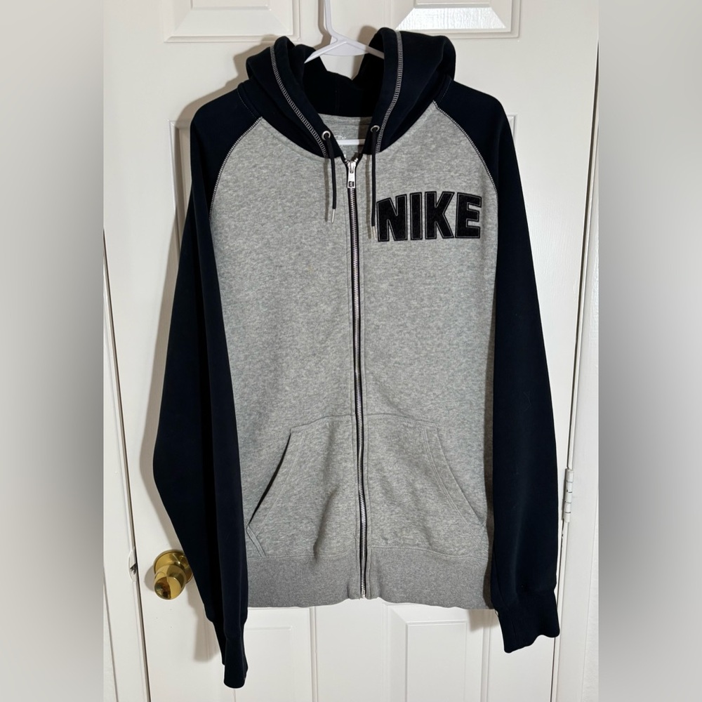 Nike Men's Black and Gray Zip-Up Fleece Hoodie with front pockets.